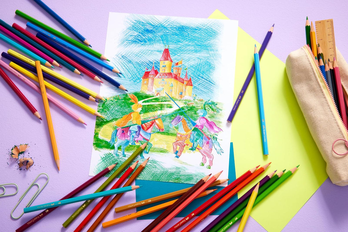 Faber-Castell Lápices de Color Hexagonal con 48 Lápices de Diferentes Colores, tienen un diseño hexagonal que proporciona un agarre cómodo y evita que rueden