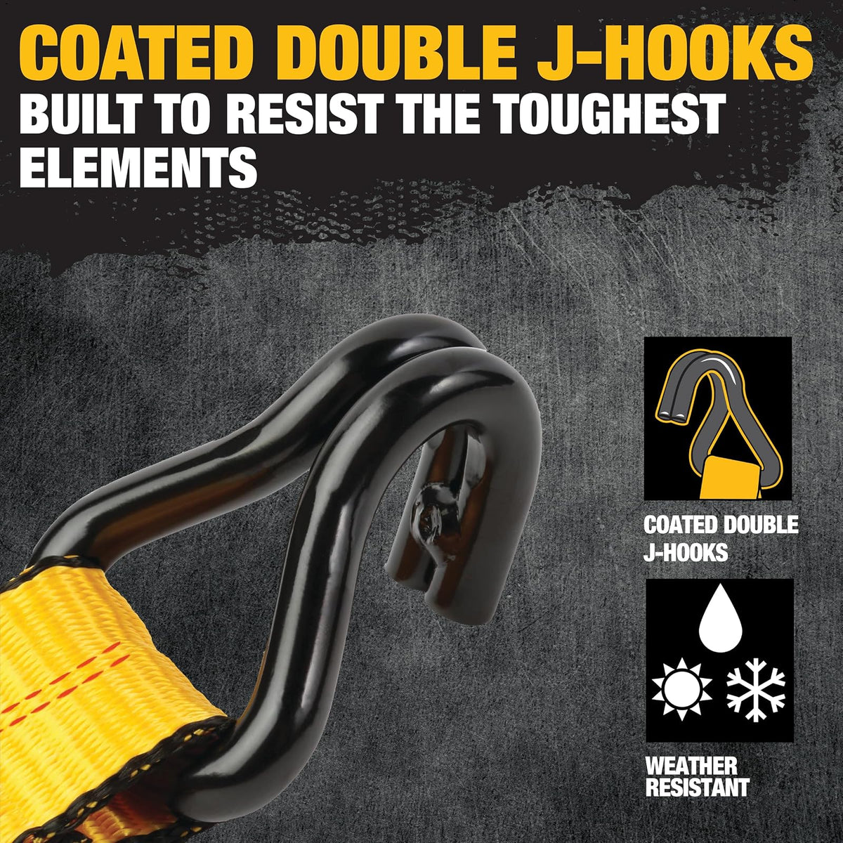 DEWALT DXBC10000J Correa de Amarre de Carraca de 2 Pulgadas x 27 Pies con Doble Gancho en J, Negro/Amarillo, 10 LB de Rotura