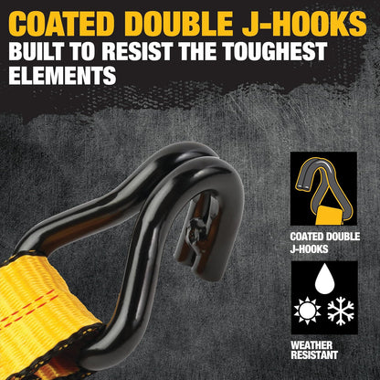 DEWALT DXBC10000J Correa de Amarre de Carraca de 2 Pulgadas x 27 Pies con Doble Gancho en J, Negro/Amarillo, 10 LB de Rotura