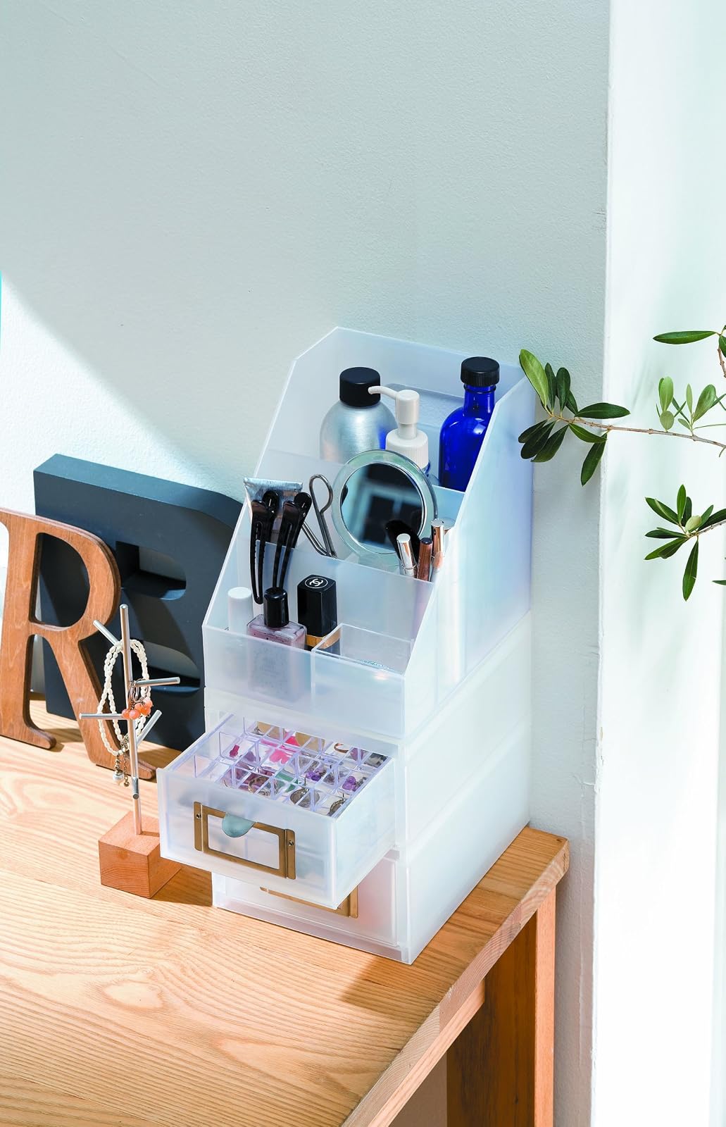 Like-It MX-9208 Desk/Cosmetic Organizer Mini with 3 Deviders and a Small Clear Tray, White