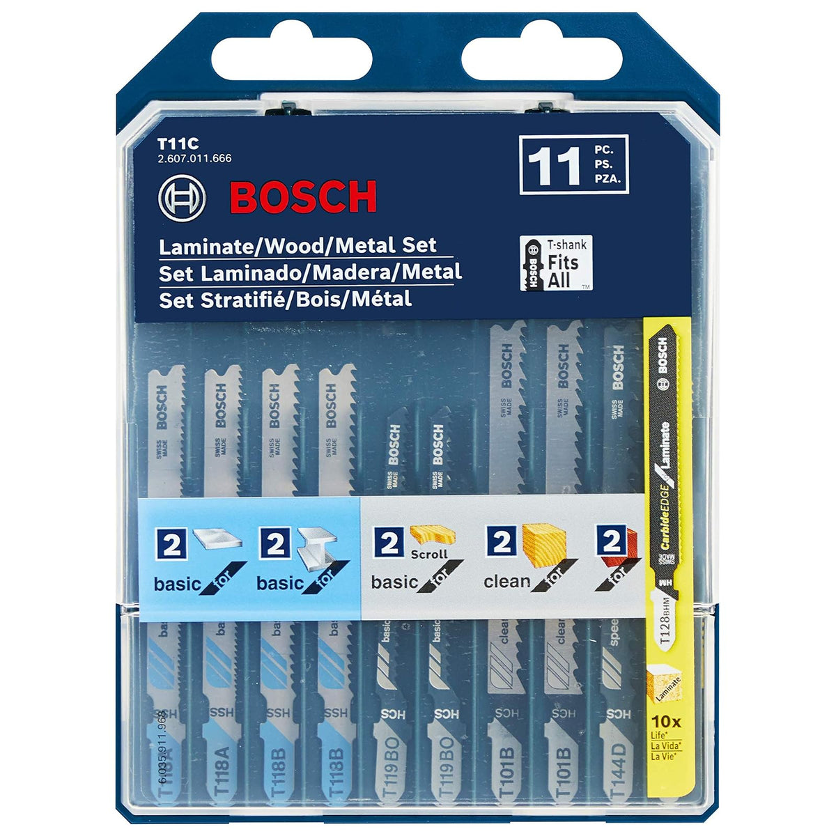 Bosch T11C 11 pc. Juego de hojas de sierra laminadas/madera/metal con vástago en T