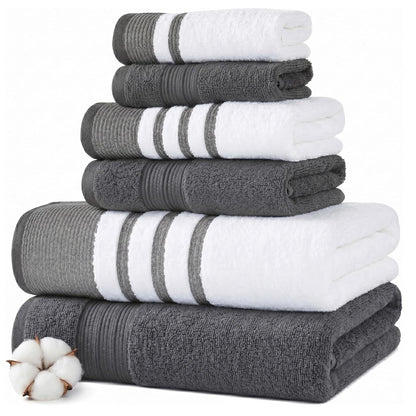 Modern Threads - Juego de 6 Piezas, 2 Toallas de baño, 2 Toallas de Mano, 2 paños de baño, Secado rápido, Color Blanco y carbón Reinhart en Contraste - Mediano - Carbón