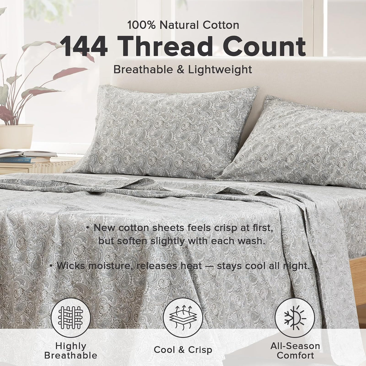 Comfort Spaces - Sábanas de algodón 100% tamaño Queen, Transpirables, naturalmente Frescas, sábanas de algodón Suave con Bolsillo elástico de 14 Pulgadas, se Adapta a colchones de hasta 16 Pulgadas,