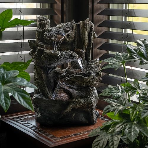 Alpine Corporation WIN794S Fuente de Agua de Troncos en Niveles para Mesa de Interior con Luces LED, Cascada de Luz de Bosque Tropical, 14", Marrón