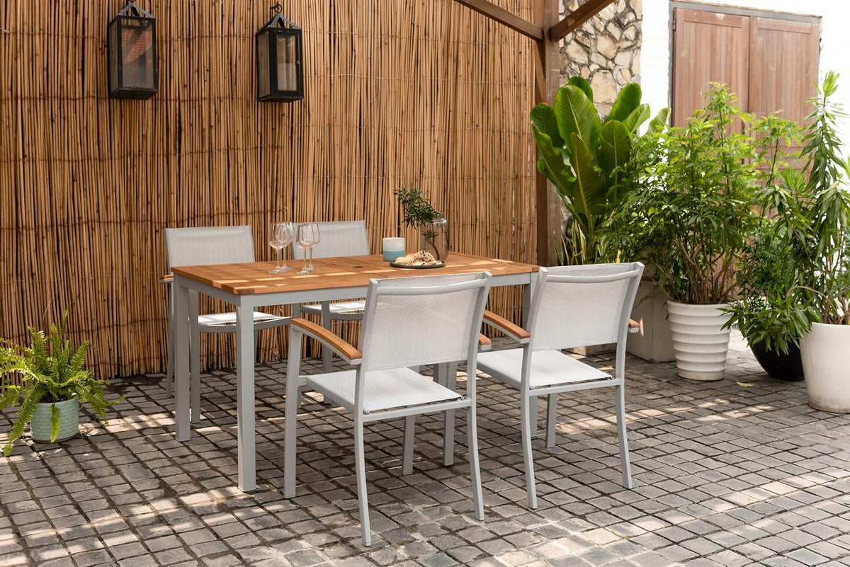 Mesa de Comedor Barcelona 140cm de Madera y Aluminio para Jardin y Exterior con Acabado de Teca, Patas de Aluminio Color Gris Claro