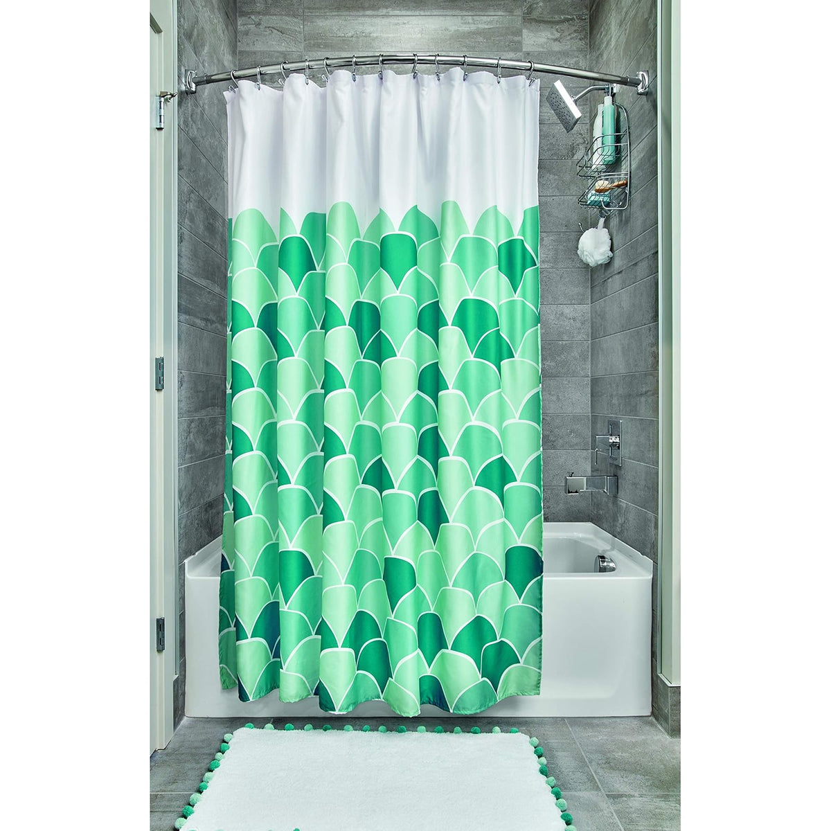 iDesign Pom Cotton Bath Mat, Shower Accent Rug for Master, Guest, and Kids' Bathroom, 21" x 34", White and Blue