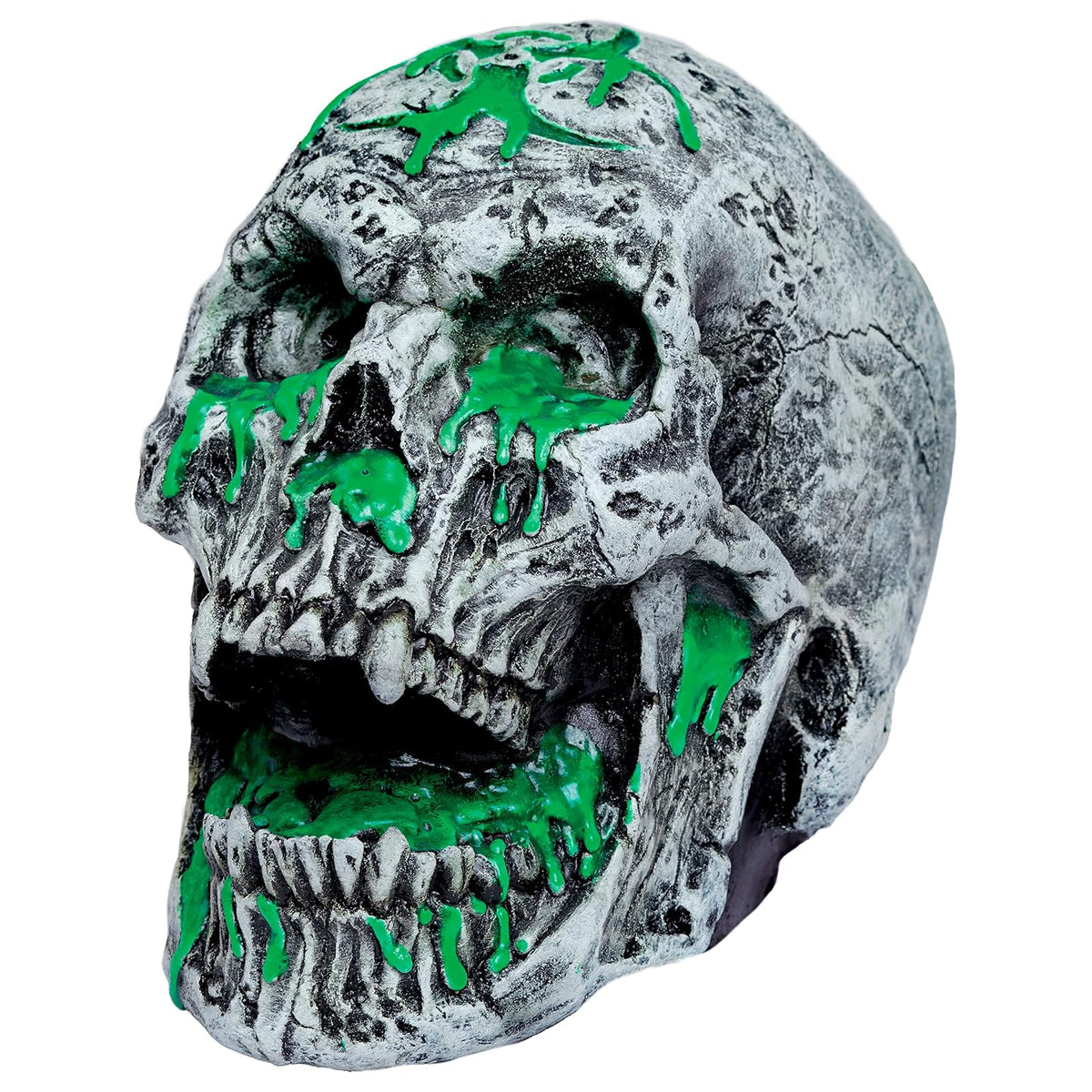 Ghoulish Productions Radioactive Skull, Artículo Decorativo de Craneo Que Brilla en la Oscuridad, Adorno de EsqueletoRadioactivo para Decoración de Halloween Ideal para Casa de Terror