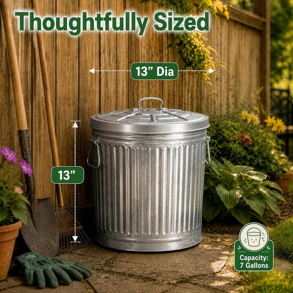 cubeta de basura de acero galvanizado redondo jardinizado, de 7 galones con tapa, cubeta de metal duradero para uso en patio, césped, jardín y patio, bote de basura resistente a la intemperie para