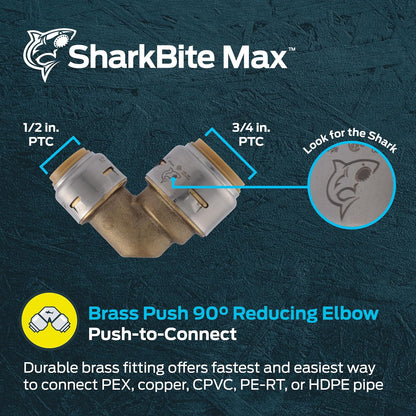 SharkBite Max 3/4 pulgadas x 1/2 pulgadas, codo reductor de 90 grados, empuje para conectar el accesorio de fontanería de latón, tubería PEX, cobre, CPVC, PE-RT, HDPE, UR274A