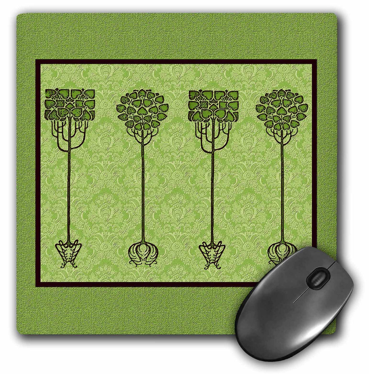 3dRose 8 x 8 x 0.25 Inches Mouse Pad, Deep Olive Green Trees on Muted Lime Damask (mp_31728_1)