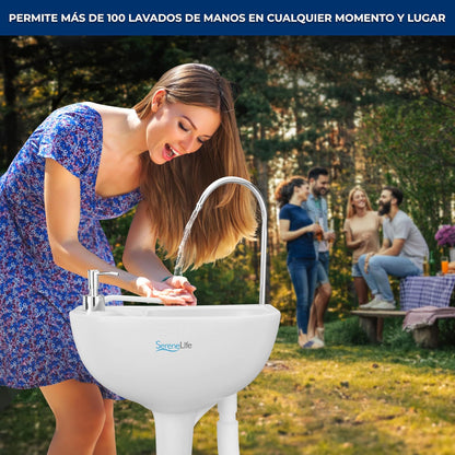 SereneLife Lavabo Portátil Fregadero para Camping con Tanque de Agua de 19L, Bomba de Pie, Dispensa Jabón y Soporte para Toallas, Compacto con Asa para Transportar, Ideal Actividades al Aire Libre