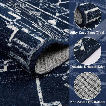 Wonnitar - Alfombra marroquí Lavable de 3 x 5 Pulgadas, Color Azul, Antideslizante, Suave, no desprende Pelusa, Alfombra geométrica de Pelo bajo, Alfombra escandinava, para Entrada, Cocina, sótano
