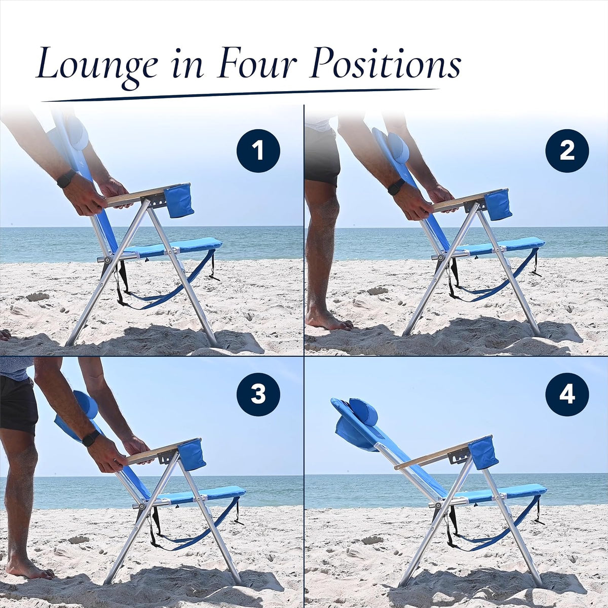 Caribbean Joe - Silla de Playa Plegable, Mochila portátil de 4 Posiciones, Silla de Camping Plegable con reposacabezas, portavasos y reposabrazos de Madera, Rayas Azules y Lima