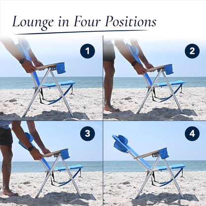 Caribbean Joe - Silla de Playa Plegable, Mochila portátil de 4 Posiciones, Silla de Camping Plegable con reposacabezas, portavasos y reposabrazos de Madera, Rayas Azules y Lima