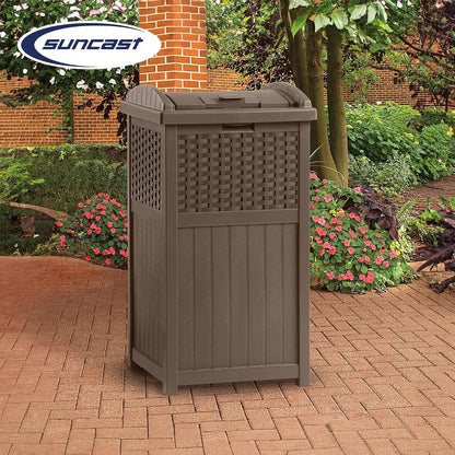 Suncast - Escondite de Basura Comercial para Exteriores de 33 galones con Tapa para Bolsas de Basura de 30 a 33 galones para cochera, Patio Trasero o jardín, café