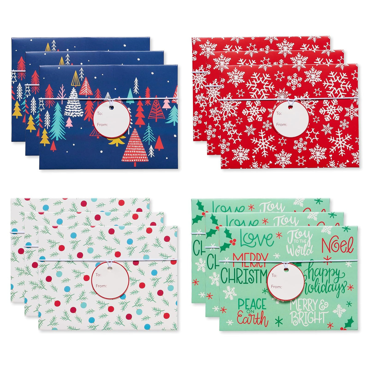 American Greetings - Tarjeteros de regalo de Navidad, copos de nieve, acebo y árboles de Navidad (12 unidades)