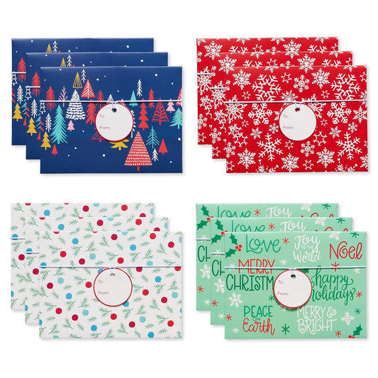 American Greetings - Tarjeteros de regalo de Navidad, copos de nieve, acebo y árboles de Navidad (12 unidades)