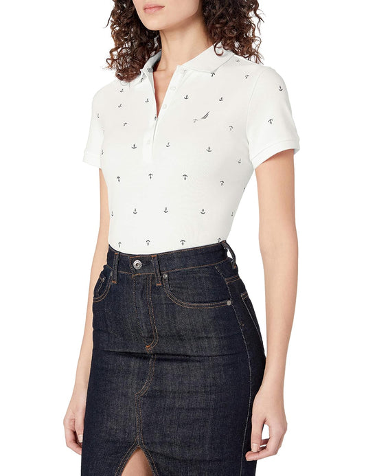 Nautica Polo de algodón elástico con Cuello en V y Rayas de Ajuste clásico Camisa de Polo para Mujer
