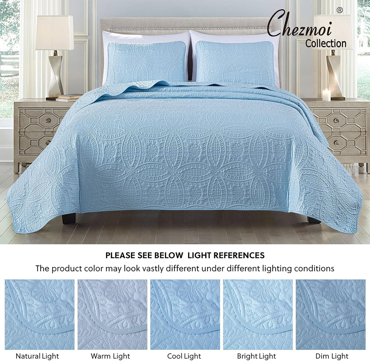 Chezmoi Collection Austin - Juego de Colcha de 3 Piezas (Queen, Azul Cambray)