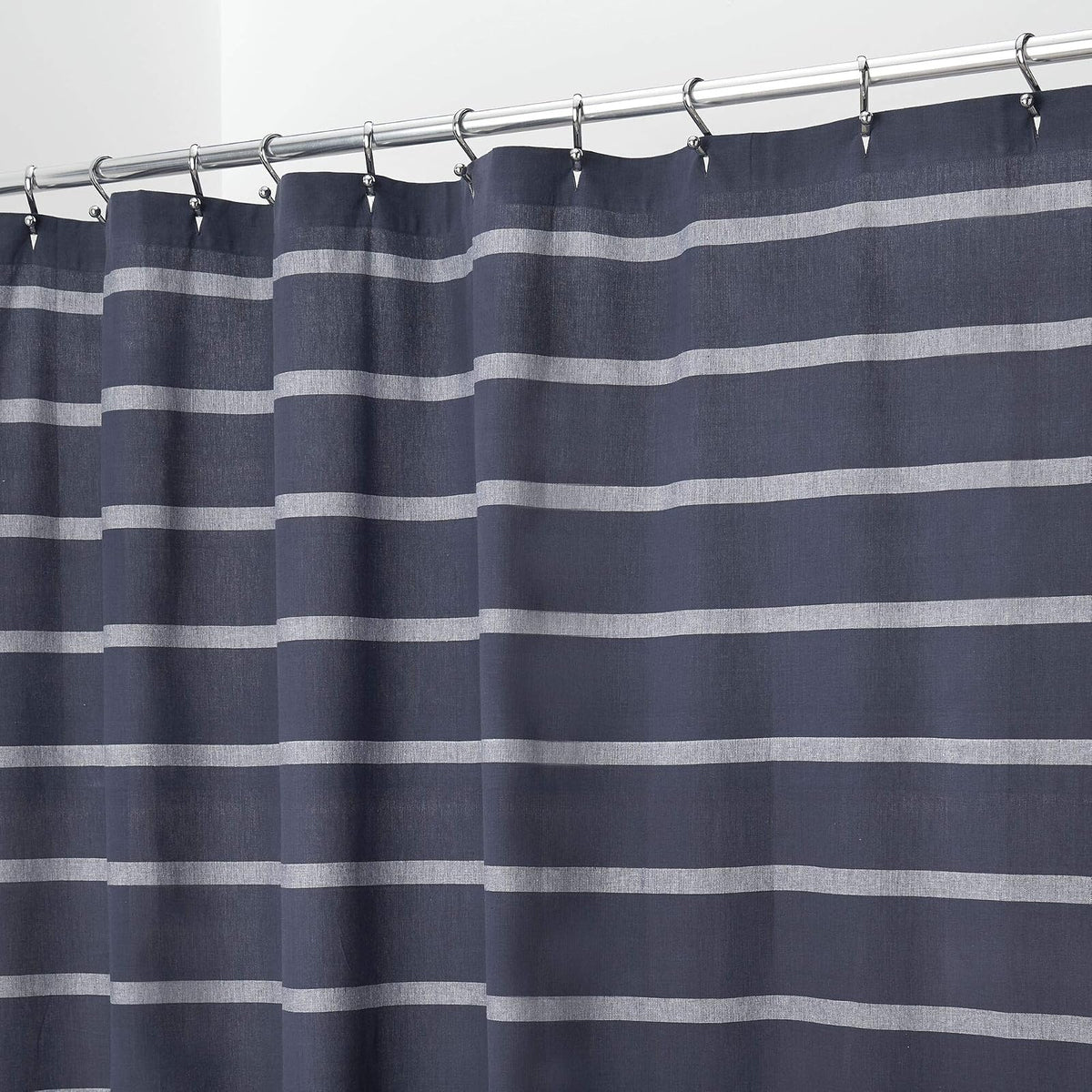 InterDesign iDesign Thin Stripe Fabric Shower Curtain, Modern Mildew-Resistant for Master, Guest, Kids' Bathrooms, Bathtubs, Stalls, Navy and White