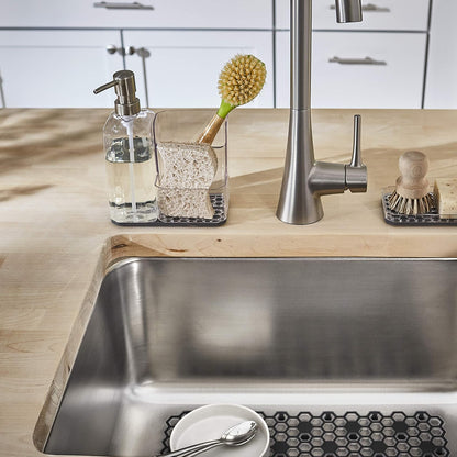 Spectrum Diversified Hexa Sponge & Brush Kitchen Organizer with Refillable Soap Pump, Sponge & Dish, Easy-Clean Sink Organization & Dish Brush Holder with Removable Base, Clear/Gray