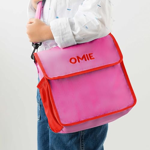 Omielife- Bolsa de almuerzo – lavable, plegable, duradera, resistente al agua, con bolsillo interior y soporte externo para botellas, Rosa