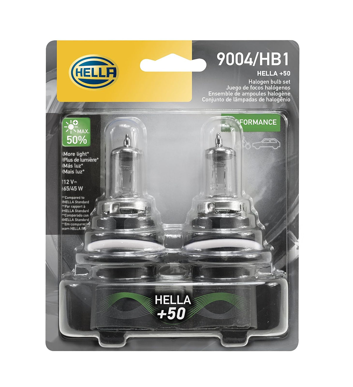 HELLA Foco Halógeno Estándar 9004, Cristal de Cuarzo y Terminal de Acero Inoxidable - +50% - 65 - 45W - Doble ampolla