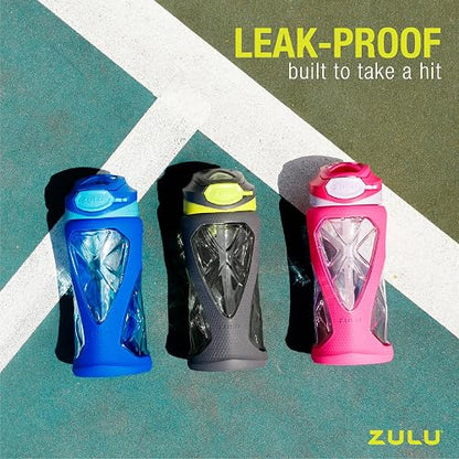 ZULU - Paquete de 2 botellas de agua de plástico para niños de 16 onzas con funda de silicona y tapa abatible a prueba de fugas, bucle de transporte suave al tacto para mochila escolar, lonchera sin