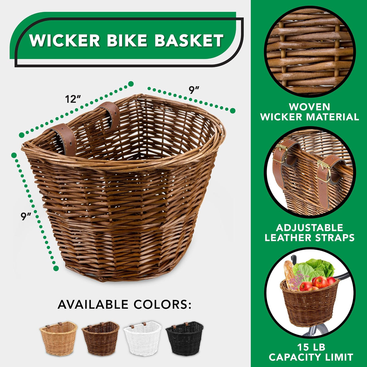 ProSource Wicker & Wire Bike Basket Front Cargo for Women and Men, Fits Most Bikes, Beach Cruiser, Stationary Bike, Ebike, Road Bike
