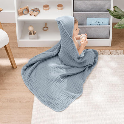 Comfy Cubs Toalla con Capucha para Bebé, Grande, 81 × 81 cm, Paquete de 1 | Azul Pacífico - 6 Capas Algodón Muselina 100% – Suave y Absorbente para Bebés, Niños y Niñas para la Hora del Baño