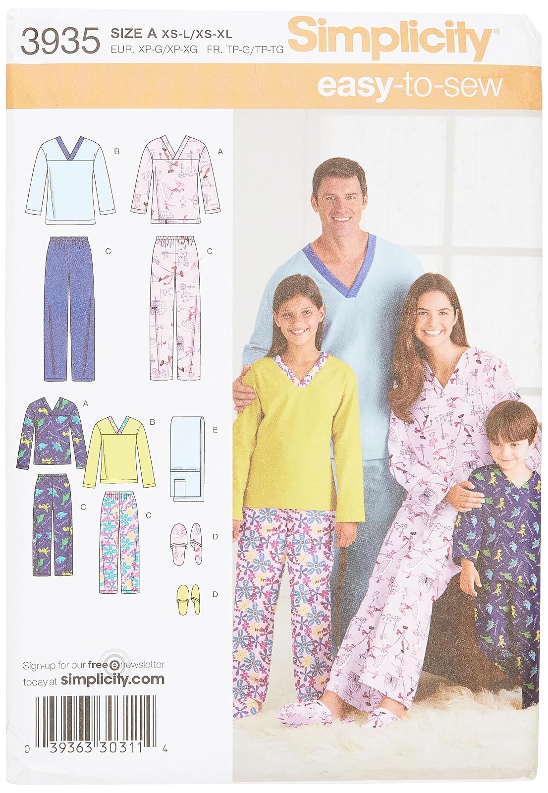 Simplicity Patrón de Costura 3935 Ropa de Dormir para señoras/Hombres/niños, A (XS-L/XS-XL)