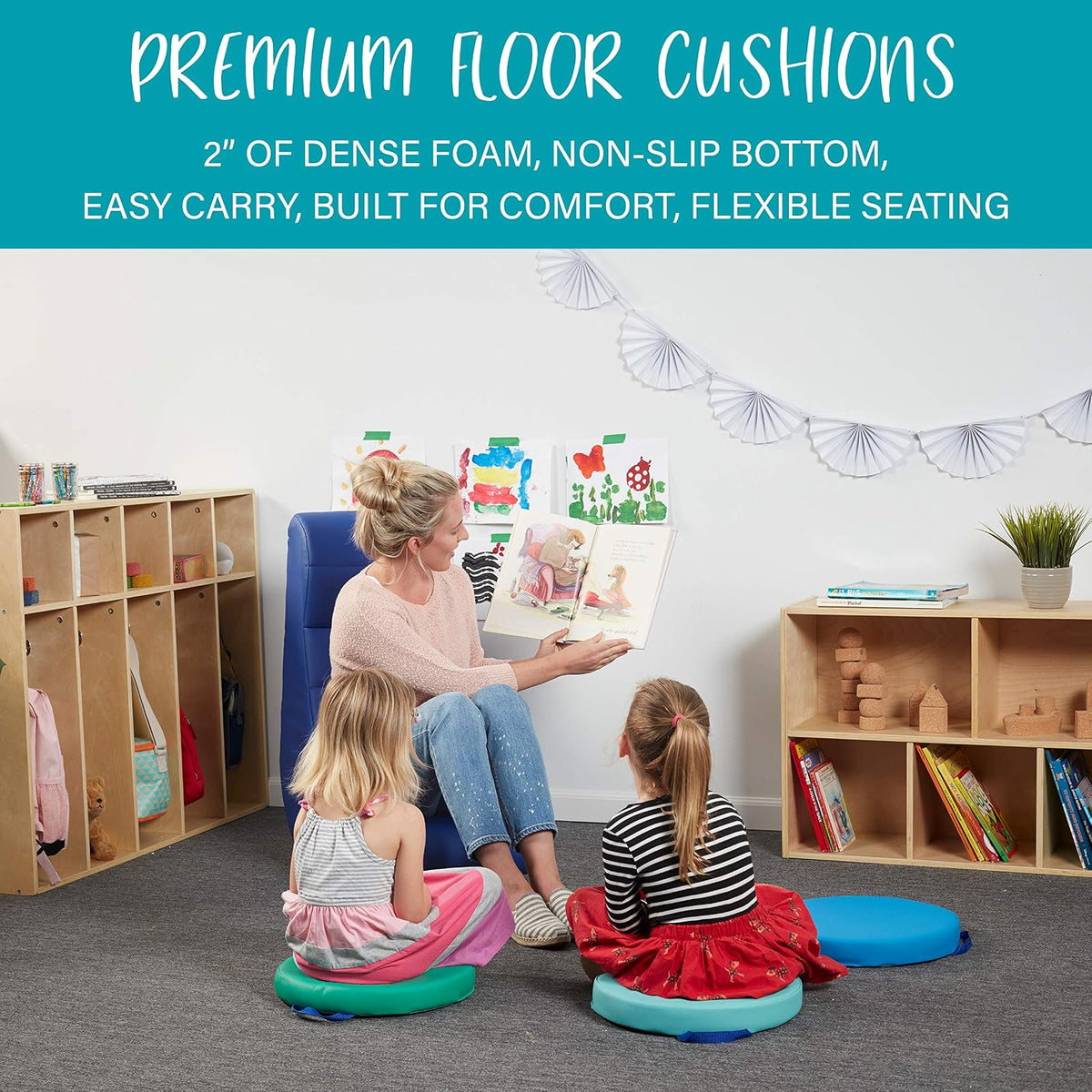 Factory Direct Partners SoftScape - Cojines Redondos de 15 Pulgadas con Asas; Asientos Flexibles para guardería, Preescolar, Sala de Juegos; Espuma de Lujo de 2 Pulgadas de Grosor (6 Piezas) –