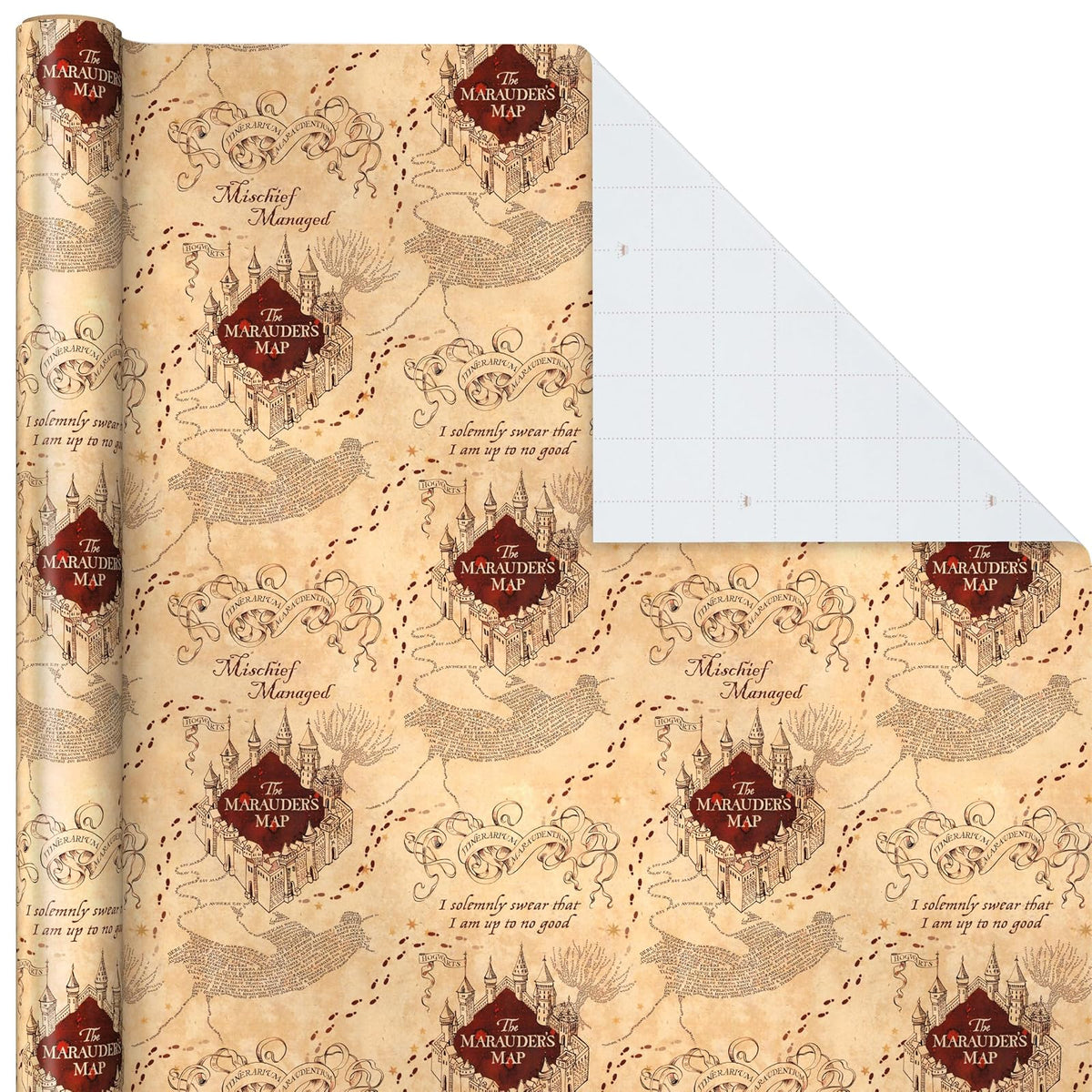 Hallmark Harry Potter - Papel de regalo con líneas de corte en el reverso (paquete de 3: 60 pies cuadrados, mapa del merodeador, escudo de Hogwarts) para cumpleaños, graduaciones, Navidad, día de San Valentín