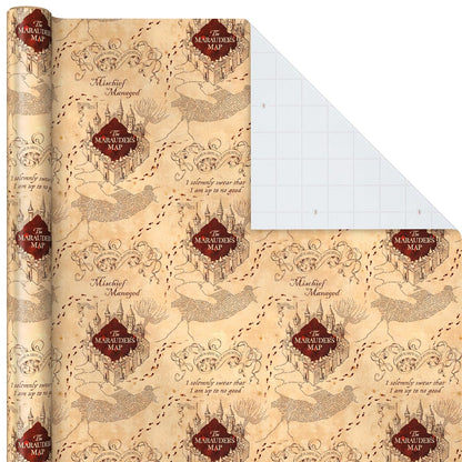 Hallmark Harry Potter - Papel de regalo con líneas de corte en el reverso (paquete de 3: 60 pies cuadrados, mapa del merodeador, escudo de Hogwarts) para cumpleaños, graduaciones, Navidad, día de San Valentín