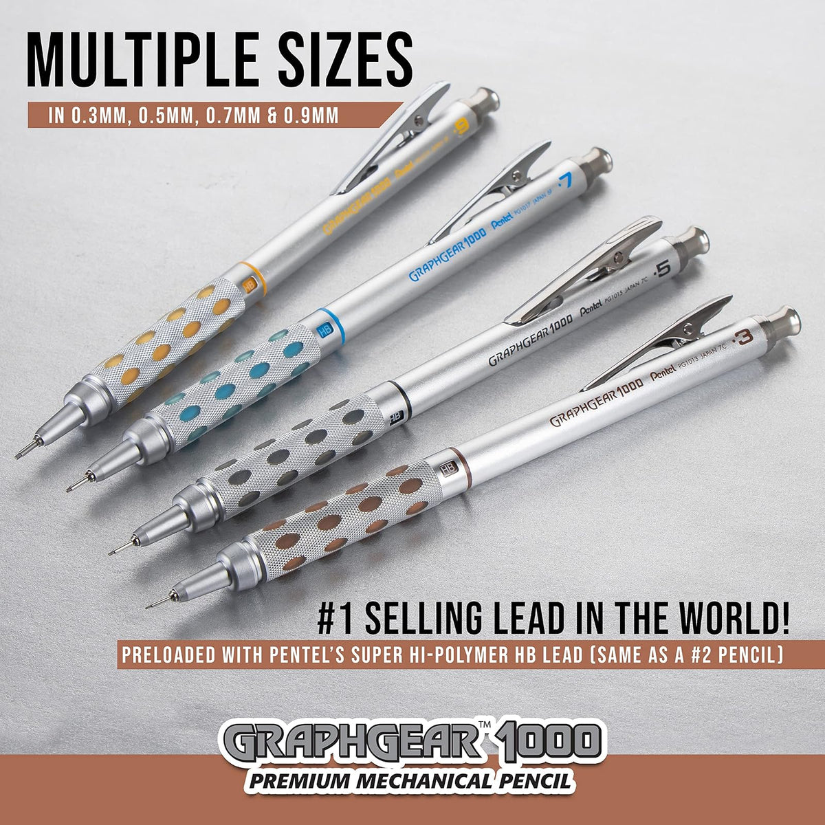 Pentel GraphGear 1000 - Lápiz de dibujo automático, set de regalo 4 juegos, Plateado, 0.3mm, 0.5mm, 0.7mm, 0.9mm