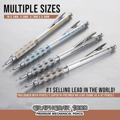 Pentel GraphGear 1000 - Lápiz de dibujo automático, set de regalo 4 juegos, Plateado, 0.3mm, 0.5mm, 0.7mm, 0.9mm