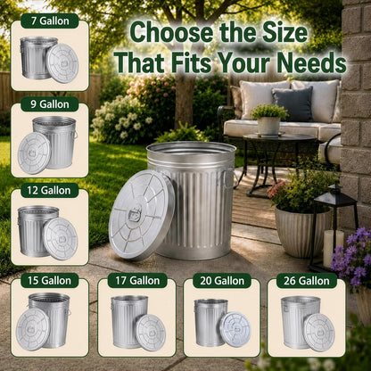 cubeta de basura de acero galvanizado redondo jardinizado, de 7 galones con tapa, cubeta de metal duradero para uso en patio, césped, jardín y patio, bote de basura resistente a la intemperie para