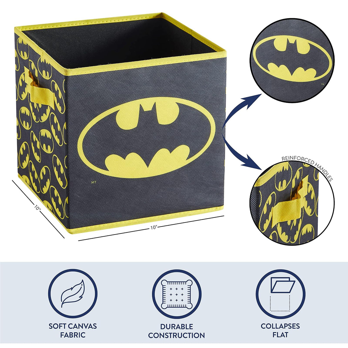 Idea Nuova Batman - Juego de 2 Cubos de Almacenamiento Plegables de Tela para niños, Cajas organizadoras con Logotipo icónico - Almacenamiento de clóset y Juguetes - Contenedores de Cubos de