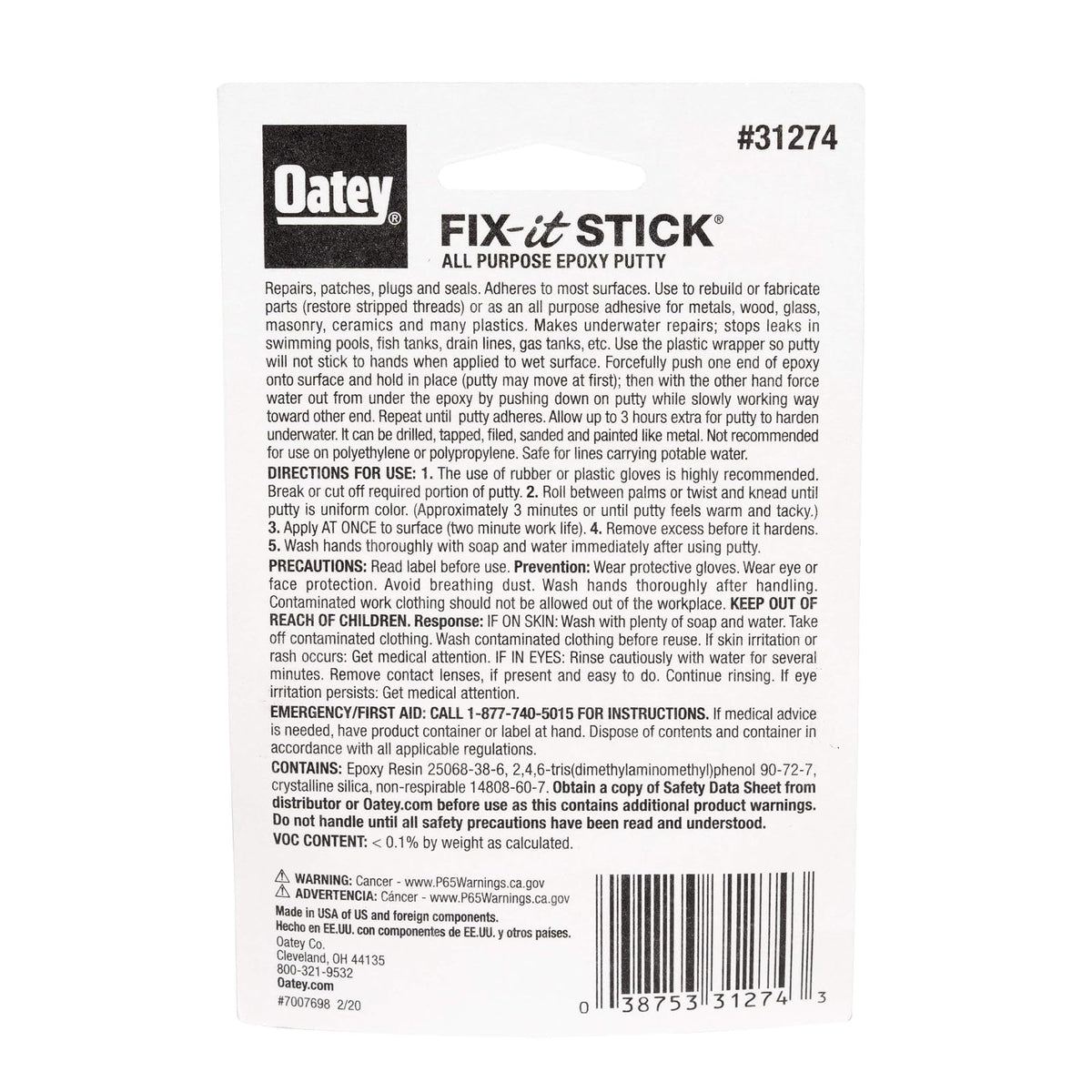 Oatey 31274 Stick Fix-It - Masilla epoxi multiusos, 1.4 onzas, color blanco