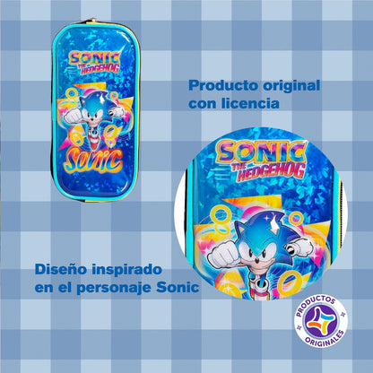 Ruz Lapicera Doble Infantil y Preescolar | Sonic | 100% Poliéster | Estuche de Tela para Niños con Compartimentos Internos y Cremallera | Recomendado desde 3 años