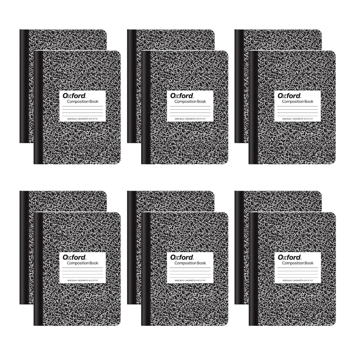 Oxford Cuadernos de composición, papel de rayas anchas, 9-3/4" x 7-1/2", cubiertas de mármol negro, 100 hojas, 12 por paquete (63795)