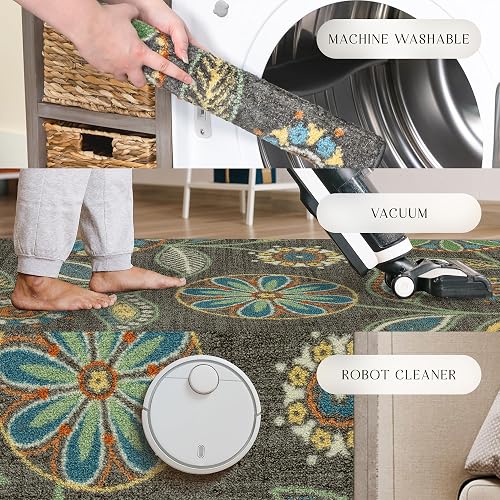Maples Rugs Reggie - Alfombra Floral para Corredor, Fabricada en Estados Unidos, Lavable, Antideslizante para Cocina, Pasillo y lavandería, 2 pies 6 Pulgadas x 6 pies, Gris Oscuro