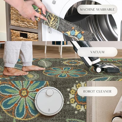 Maples Rugs Reggie - Alfombra Floral para Corredor, Fabricada en Estados Unidos, Lavable, Antideslizante para Cocina, Pasillo y lavandería, 2 pies 6 Pulgadas x 6 pies, Gris Oscuro