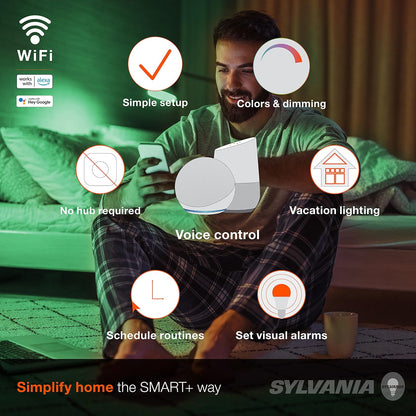 Sylvania Smart+ Wi-Fi a todo color regulable A19 LED, CRI 90+, equivalente a 60 W, funciona con Alexa y Google Assistant, 4 unidades