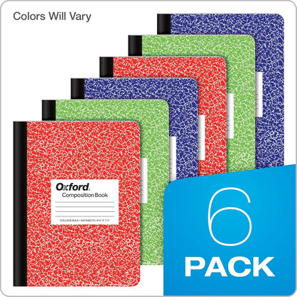 Oxford Composition - Cuaderno de 6 unidades, papel rayado universitario, 9-3/4 x 7-1/2 pulgadas, 100 hojas, cubiertas de mármol surtidas. 2 cada uno: azul, verde, rojo (63763)