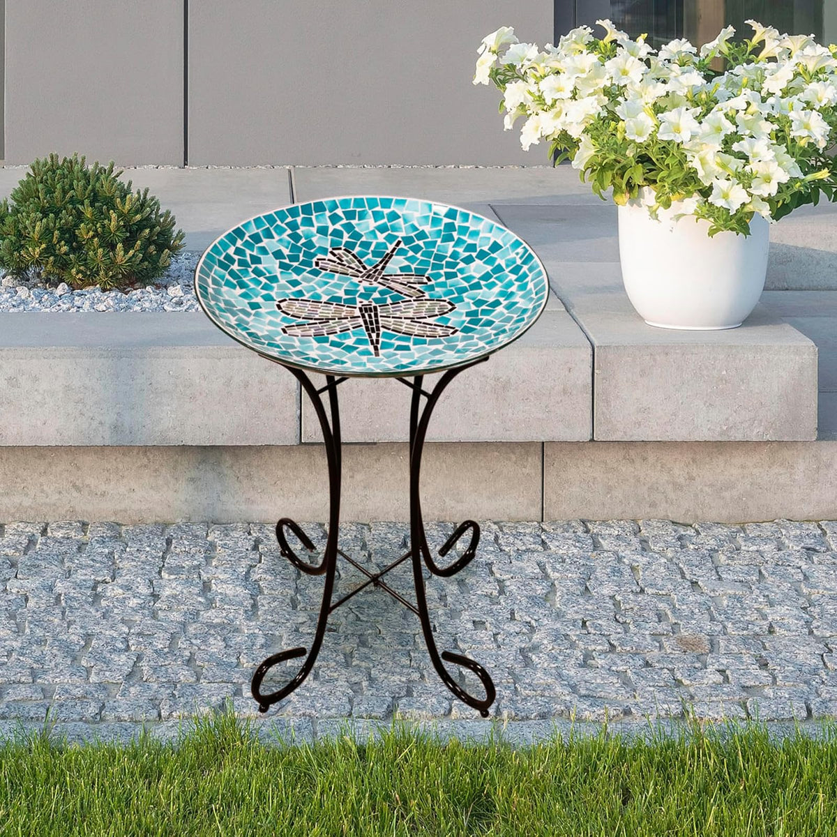 Alpine Corporation 24" Tall Outdoor Mosaic Dragonfly Glass Birdbath Bowl with Metal Stand
