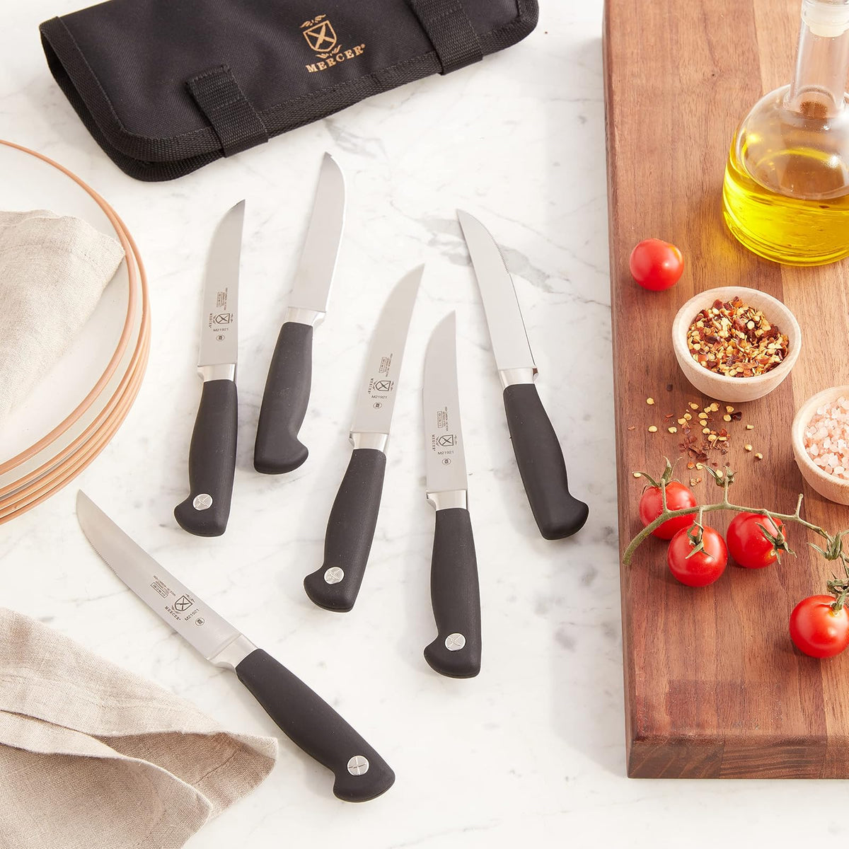 Mercer Culinary Genesis 7-Piece Forged Steak Knife Set, Steel/Black