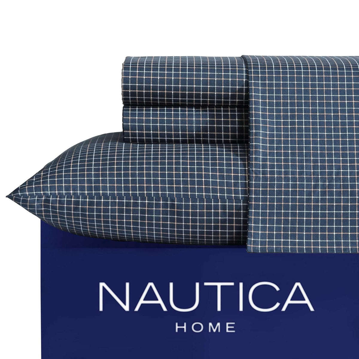 Nautica - Juego de sábanas matrimoniales, algodón de Alta Calidad, decoración del hogar a Cuadros, Certificado Oeko-Tex (Reece Plaid Navy, Full)