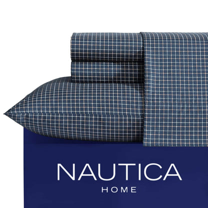 Nautica - Juego de sábanas matrimoniales, algodón de Alta Calidad, decoración del hogar a Cuadros, Certificado Oeko-Tex (Reece Plaid Navy, Full)