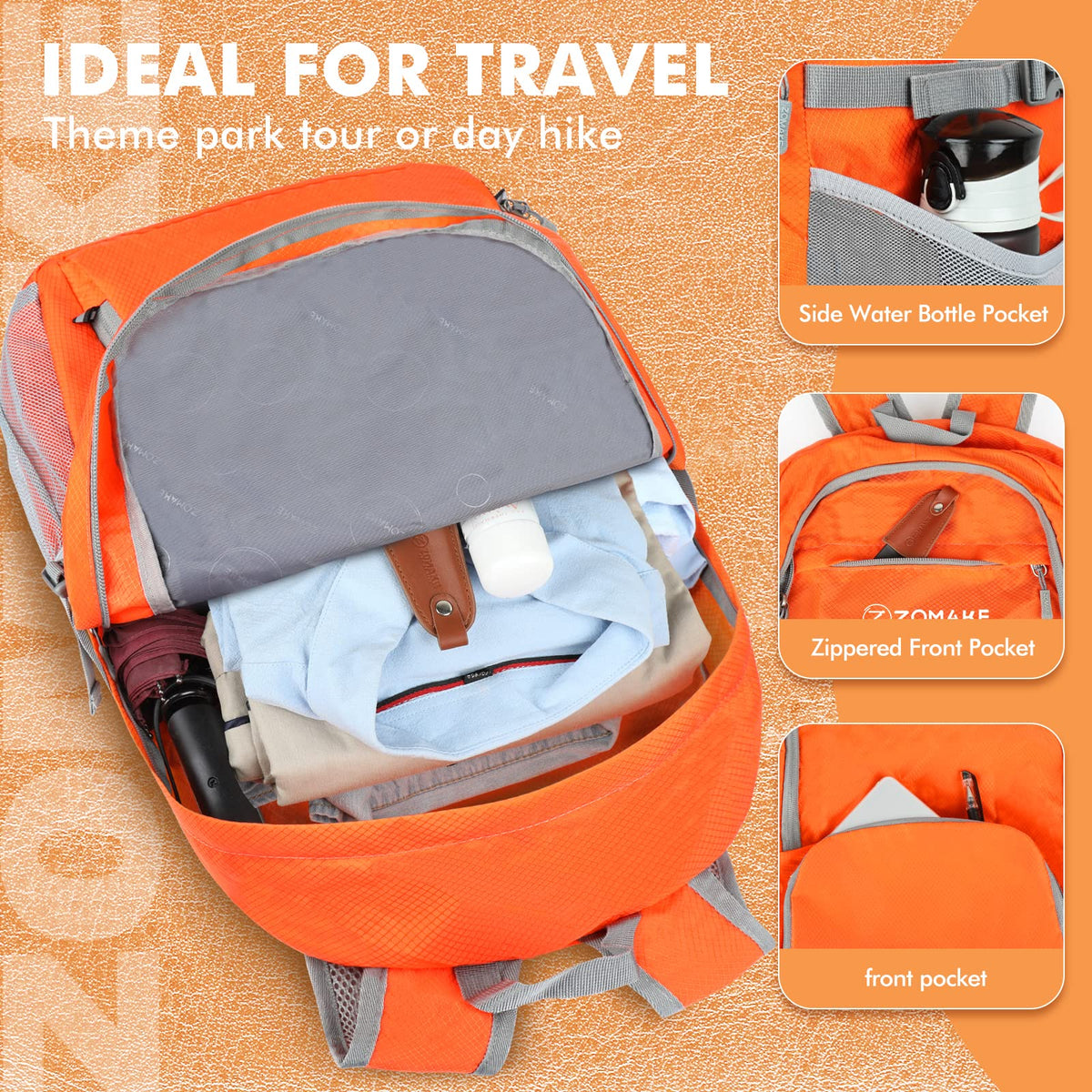 ZOMAKE Ultraligera Plegable Mochila, 30L Resistente Agua Viaje Mochila Liviana Empacable Bolsa Acampar Senderismo camina Mochila Naranja